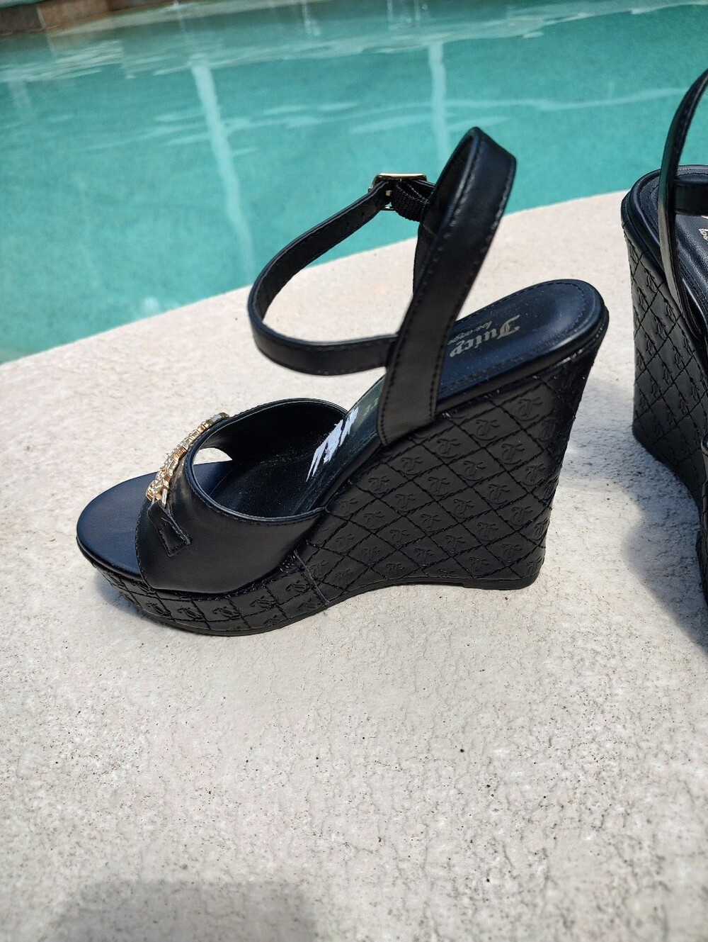 Juicy Couture Black Wedge Sandals with Ankle Strap - Picture 10 of 15